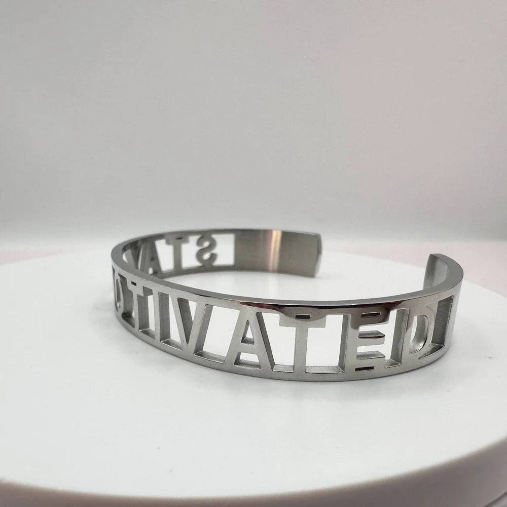 Vintage 90s Mantraband Stay Motivated Silver-Tone Cuff Bracelet Jewelry